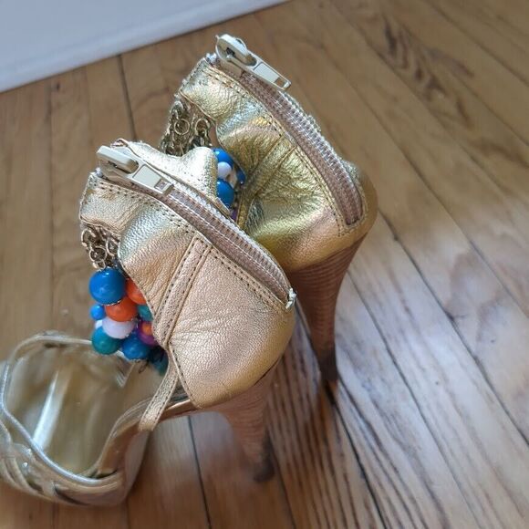 Mid 2000s Bebe Heels Sandals Gold Stiletto Beaded Platform Size 6 - Picture 10 of 11